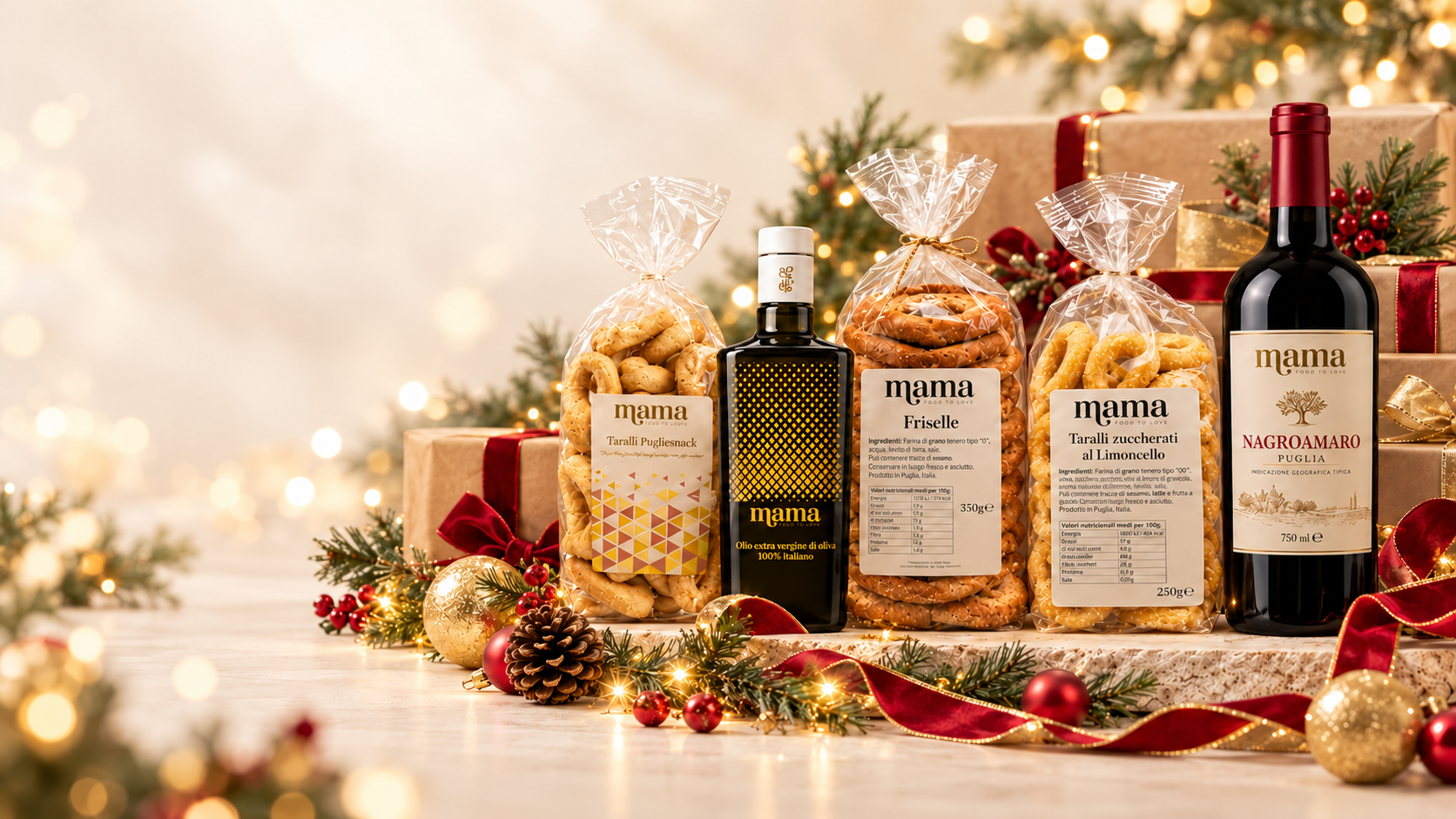 Tavola di Natale con i prodotti Mam&agrave; tra luci dorate e regali