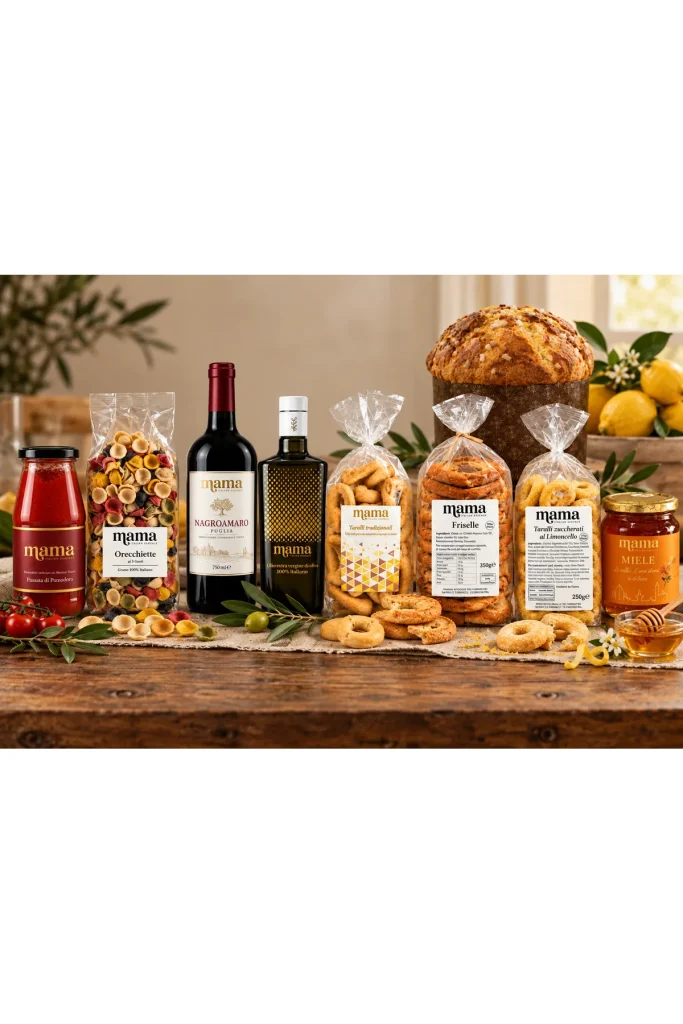 Bella Vita gift box with Mamà pasta, sauce, wine, oil, taralli, honey and panettone