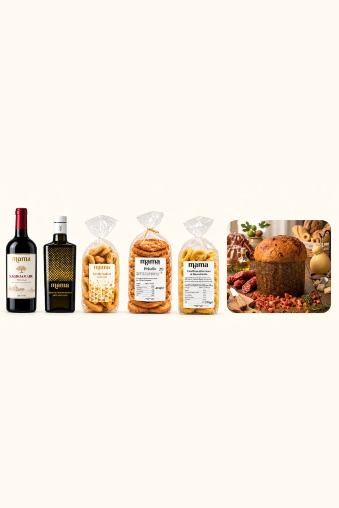 Dolce Vita gift box with wine, oil, taralli, friselle and Mamà savoury panettone